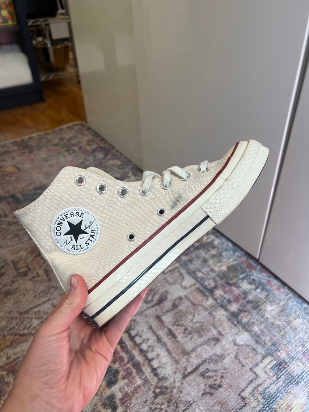Converse High-Top Sneakers in Cream with Burgundy Stripe - Picture 5 of 8